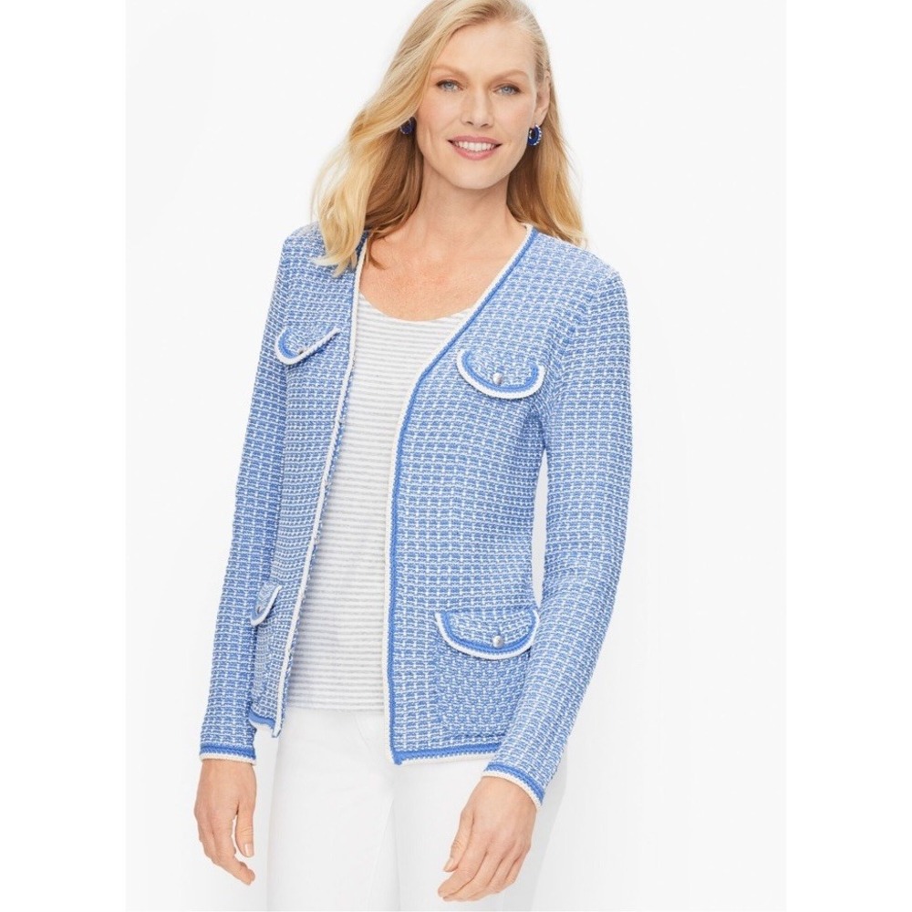 Talbots Light Blue tweed Boucle Jacket Sweater XS Preppy Work *Missing Eye Hook